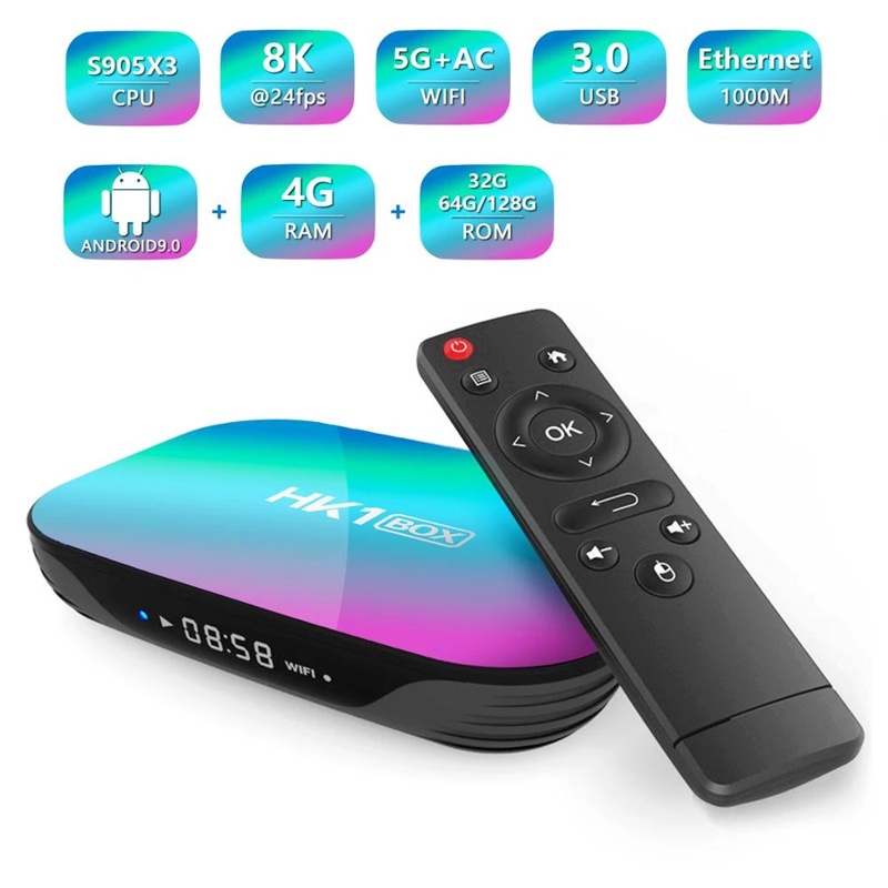 Đầu thu tín hiệu TV thông minh HK1 8k 4gb 128gb 9 S905X3 Android 9.0 1000m Wifi 4k kết nối Googleplay Youtube