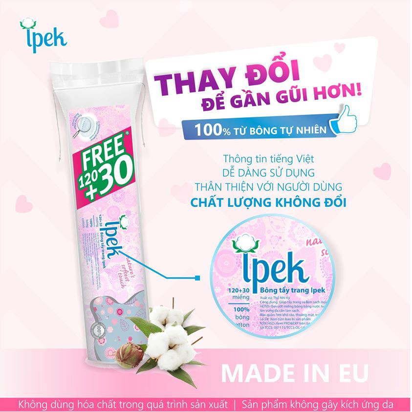 Bông Tẩy Trang IPEK Thổ Nhĩ Kỳ 150 (120 + 30) Miếng/ gói 💖 IPEK Coton Pads | BigBuy360 - bigbuy360.vn