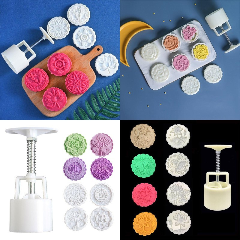 Bộ khuôn nhấn tay + 4 mặt tạo hình làm bánh trung thu DIY 100/125g