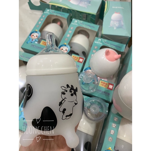 Bình sữa BÒ SỮA chính hãng BABYPAL silicon 180ml và 260mlsiêu cưng cho bé - TẶNG thêm 2 núm