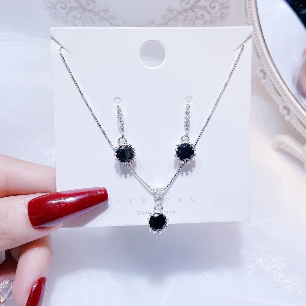 Combo trang sức bạc Dây chuyền + Bông tai gắn đá màu, phong cách trẻ trung năng động