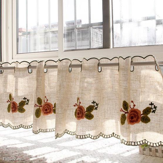 Rèm ngắn vải cotton pha thêu họa tiết trang trí nhà bếp quán cà phê