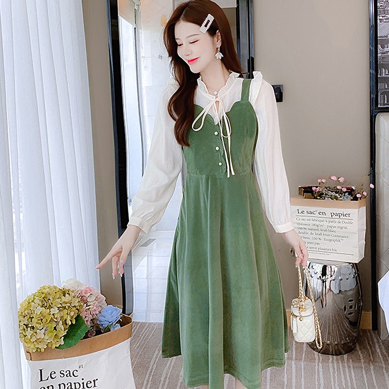 Đầm Cổ Chữ V Màu Trơn Phong Cách Vintage Thời Trang Cho Nữ