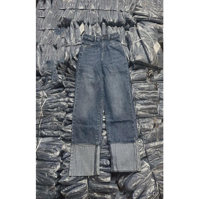Quần jean nữ ống đứng gấp gấu, quần bò lưng cao dáng suông,chất denim co giãn tốt-MAI THỎ SHOP
