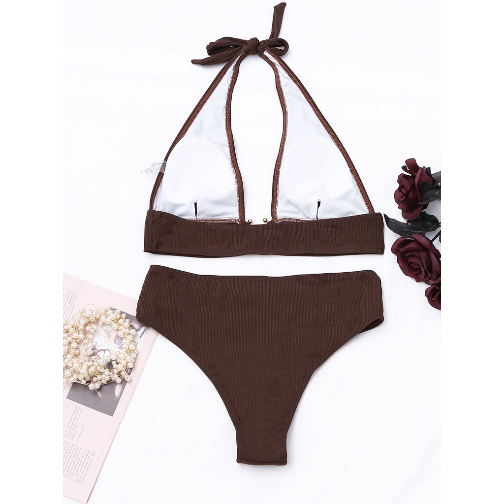 [BKN1570] &lt;ÂU&gt; SET BIKINI NÂU VẢI GÂN KHUY TRÒN NGỰC (CẠP CAO)