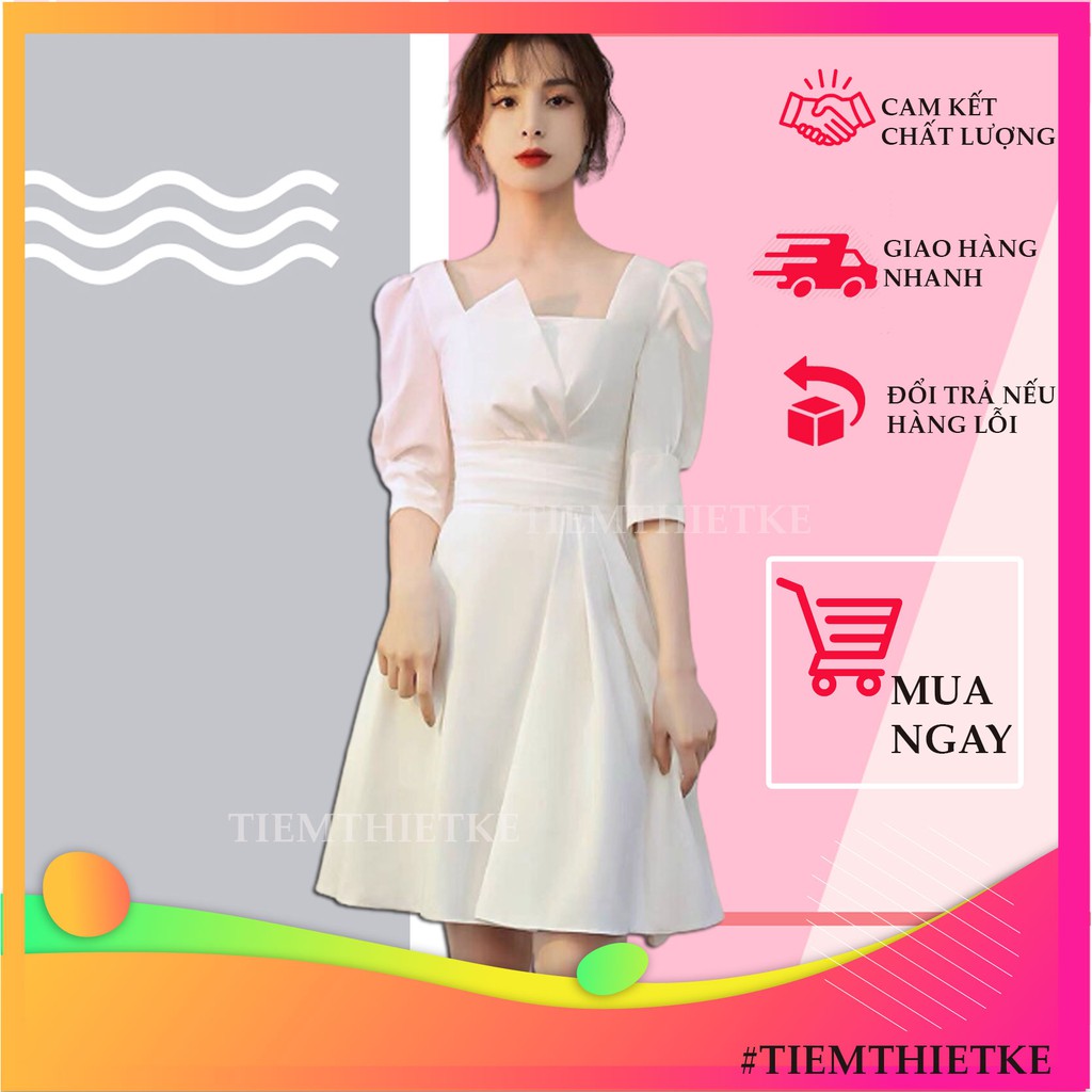 Váy trắng xòe thết kế cổ kiểu tay phồng dài đẹp lạ