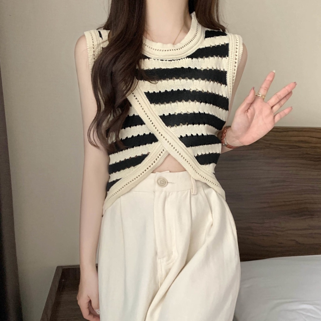 Jiashucheng Áo Sweater Sát Nách Vải Lụa Lạnh Mỏng Phối Dây Đan Chéo Thời Trang Mùa Hè Cho Nữ