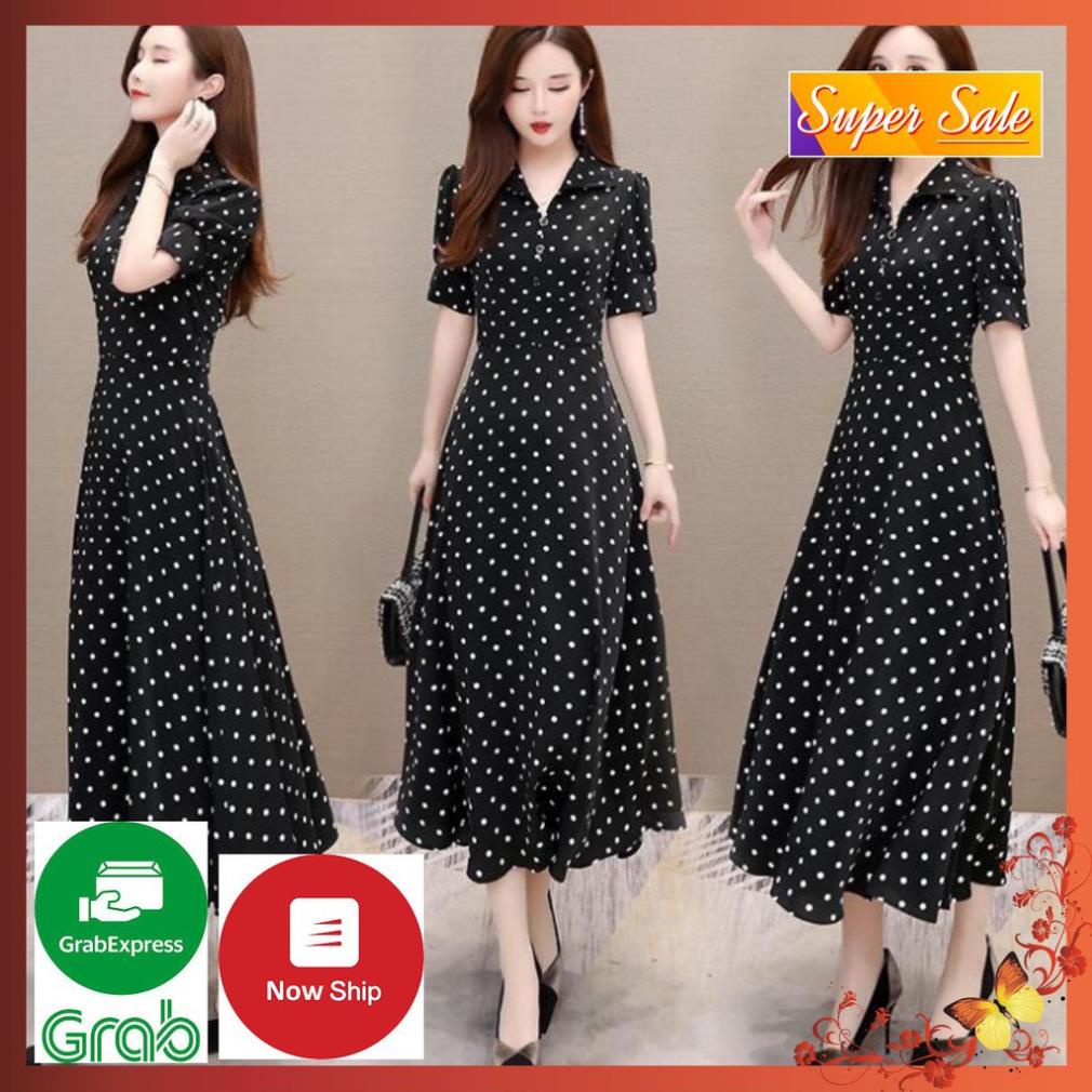 VIP Đầm Dài Chấm Bi Cổ Sơ Mi - Váy Lụa Dạng Maxi Dáng Dài Cao Cấp Thướt Tha Cho Nàng Đi Dạo