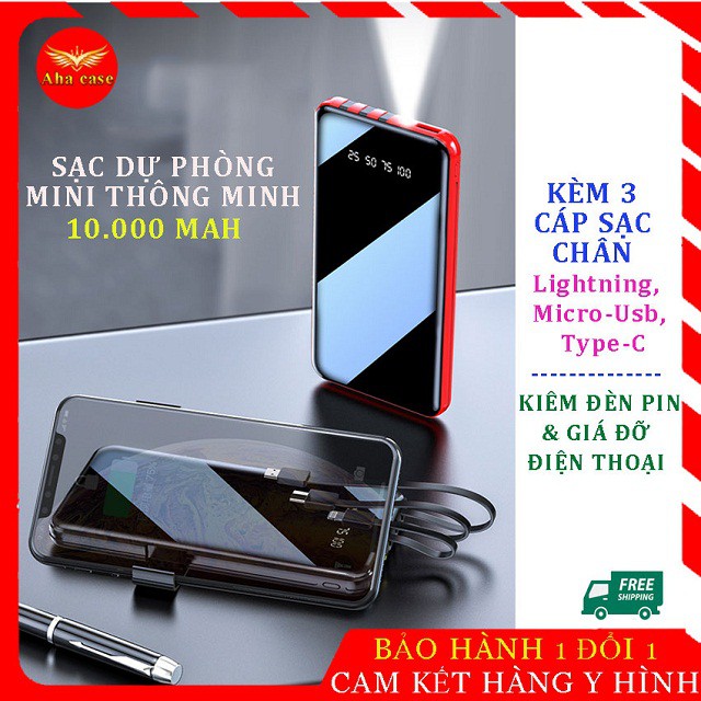 [BÁN CHẠY - CỰC HOT] Pin Sạc Dự Phòng Mini 10,000 mAh, Kèm 3 Cáp Sạc Đa Năng Tiện Lợi, Sạc Nhanh, Kiêm Đèn Pin, Giá Đỡ