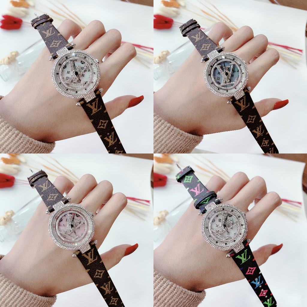 Đồng Hồ Nữ LV Dây Da - Viền Nạm Đá - Size 34mm