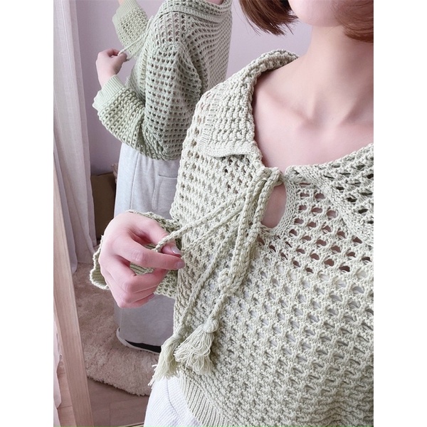 Áo len lưới cổ bẻ vintage dài tay, buộc dây dáng lửng