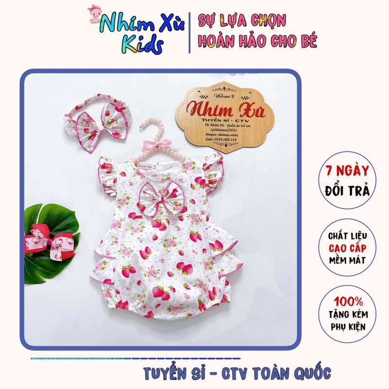 Body dâu tây bánh bèo cho bé gái sơ sinh đến 12kg, bodysuit bé gái chất thô Hàn [A210]