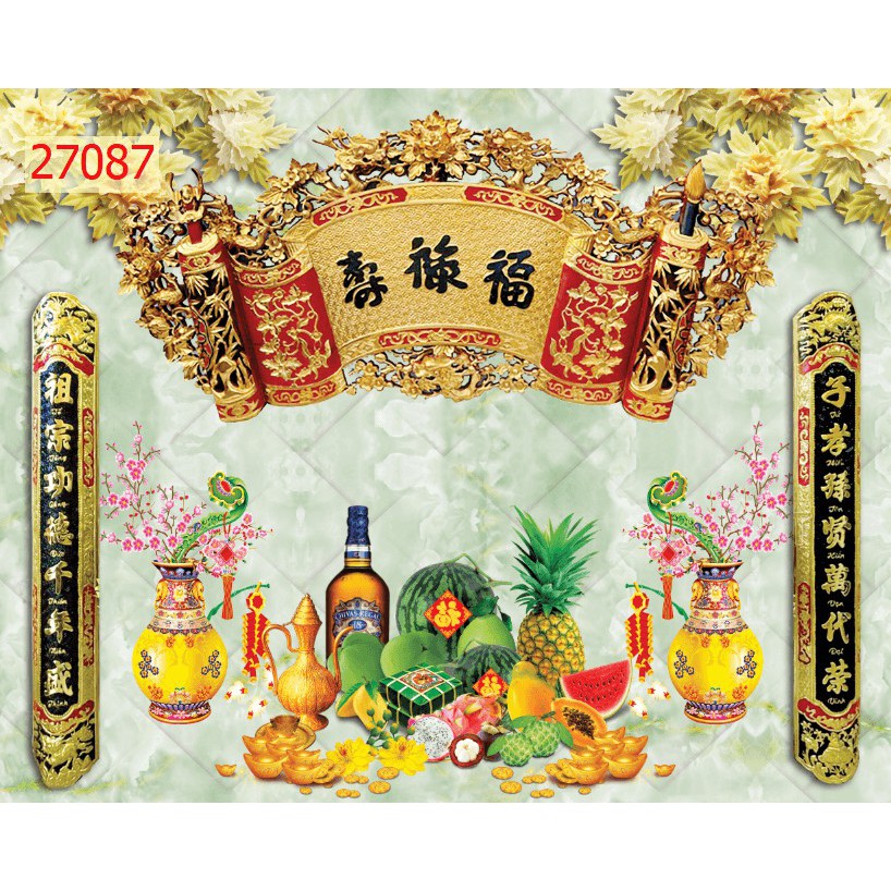 Tranh dán bàn thờ, phòng thờ khổ lớn chất liệu Vải lụa 3D chèn chữ miễn phí