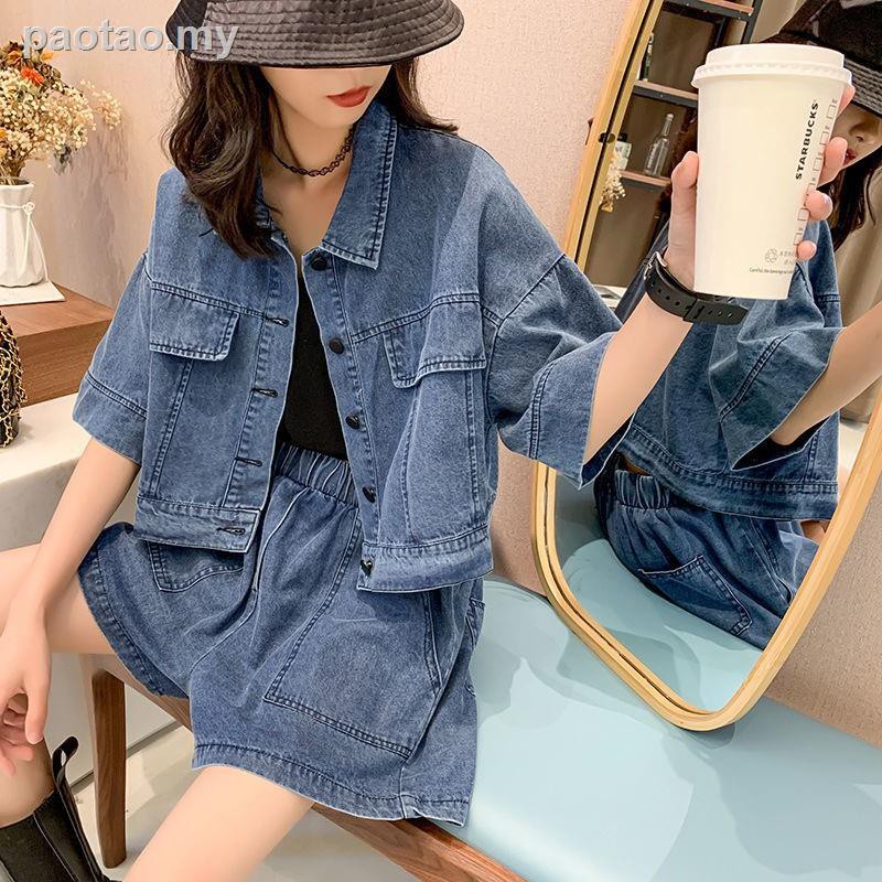 Bộ Áo + Quần Short Denim Che Phủ Bụng Thời Trang Mùa Hè Mới Cho Nữ 100kg M-4Xl