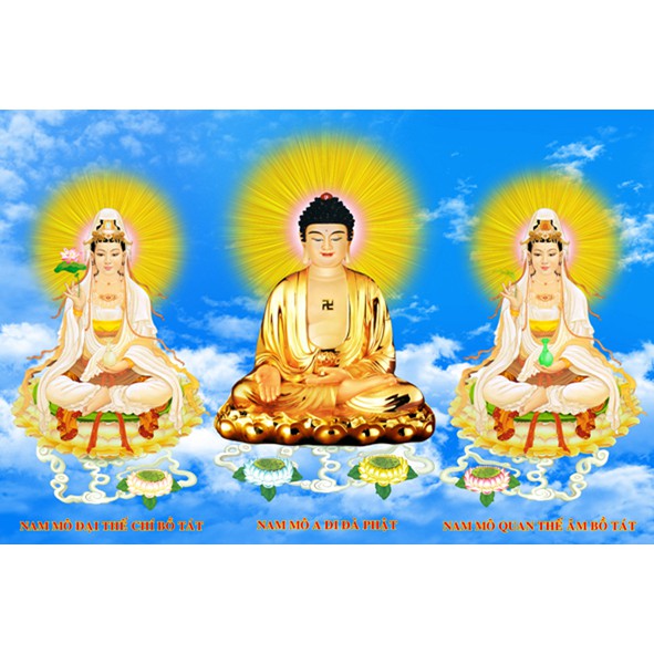 Tranh đính full đá tự làm.Tranh đức phật tây phương tam thánh ngồi.