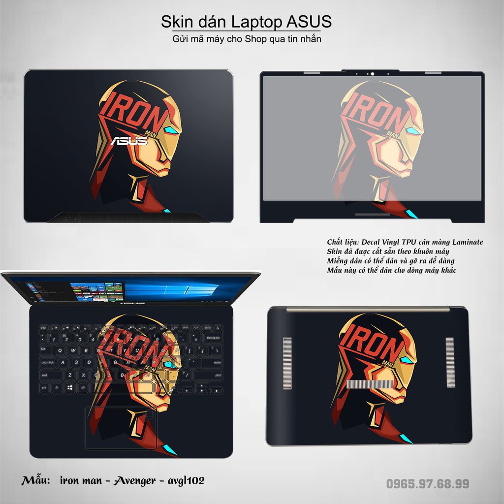 Skin dán Laptop Asus in hình iron man - Avenger - avgl102 (inbox mã máy cho Shop)