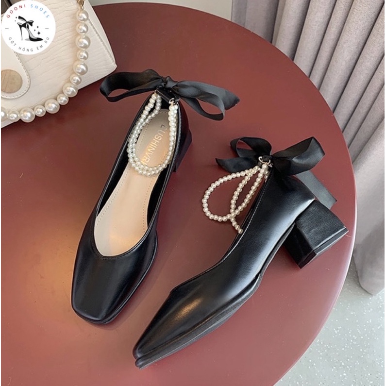 Giày búp bê mũi vuông quai ngọc mix dây thắt nơ phong cách tiểu thư thời trang