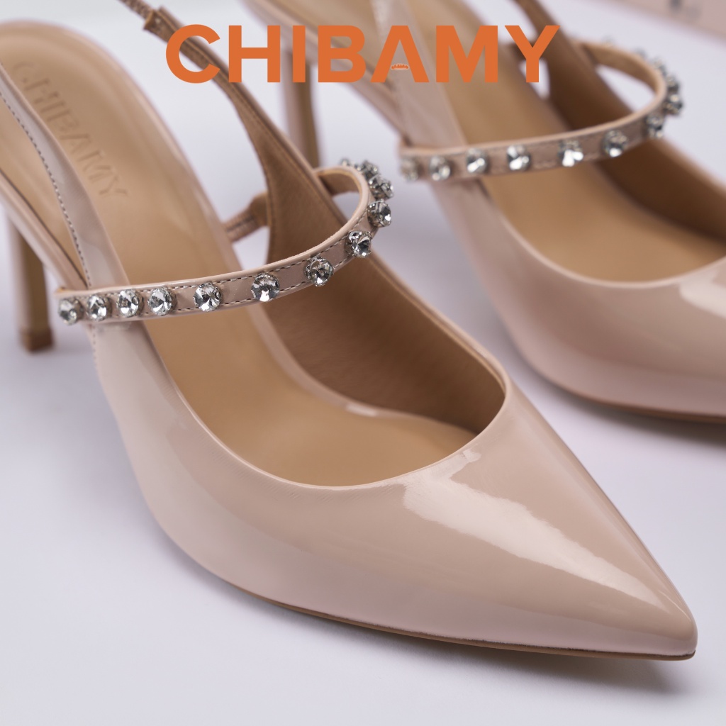 Giày cao gót nữ mũi nhọn đính đá Rhinestone gót nhọn cao 9cm hở gót hàng cao cấp CHIBAMY