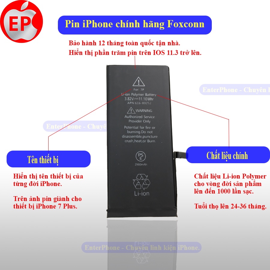 Pin iPhone 5/ 5S/ 5C/ 6/ 6S/ 6 Plus/ 6S Plus/ 7/ 7 Plus/ 8/ 8 Plus/ X chính hãng Foxconn bảo hành 12 tháng.