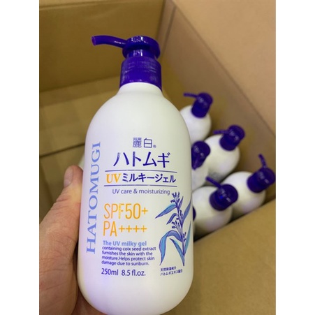 Gel dưỡng thể chống nắng trắng da chiết xuất ý dĩ Reihaku Hatomugi 250ml SPF 50+ nội địa Nhật Bản