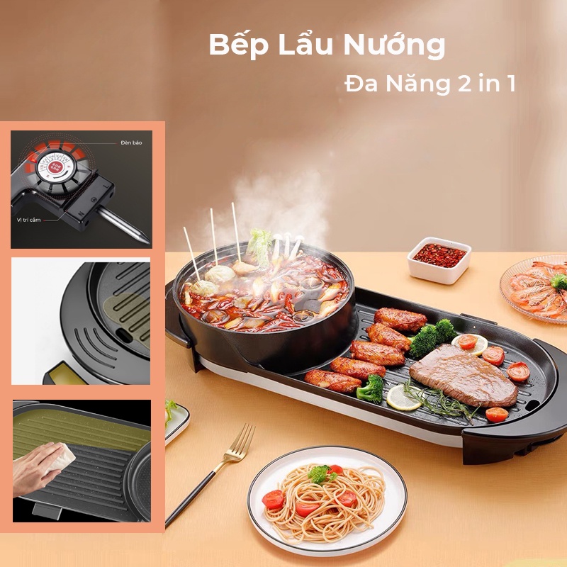 Bếp lẩu nướng đa năng 2in1, công suất lớn 2200W, sử dụng tách biệt lẩu và nướng LISHAN