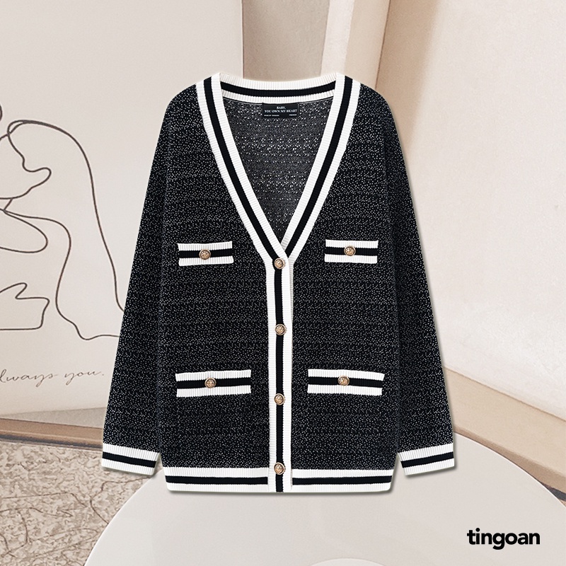 Áo khoác cardigan len đen viền trắng tingoan RAINBOW BABY CARDIGAN/BL