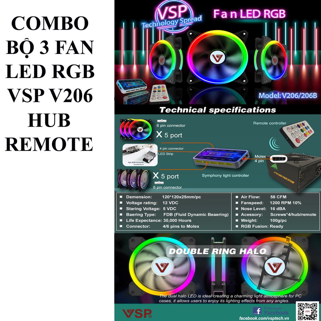 Combo bộ 3 Fan led RGB 2 mặt VSP V206 +Hub + Remote | BigBuy360 - bigbuy360.vn