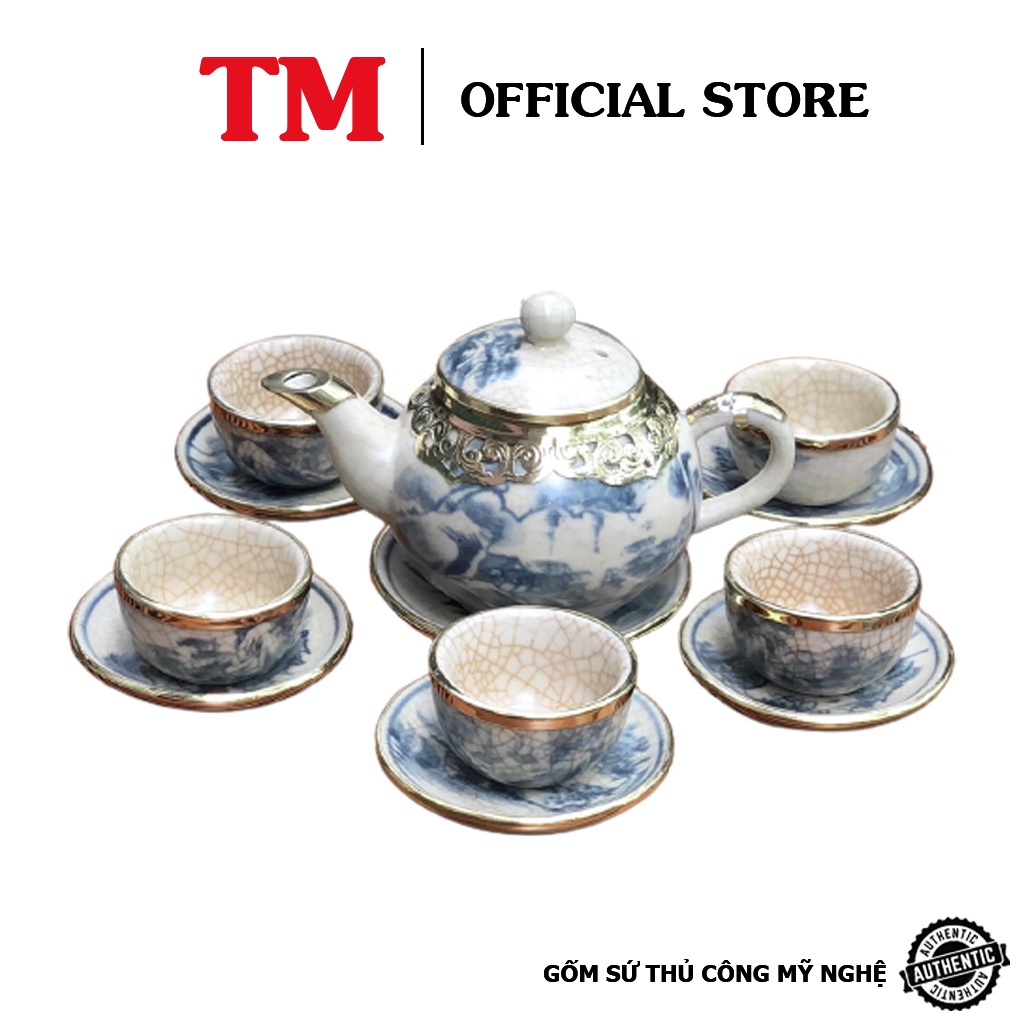 Bộ Ấm Chén Men Rạn Dáng Quả Hồng Bọc Đồng 550ml Xưởng Gốm TM Bát Tràng( Bộ bình trà, uống trà)