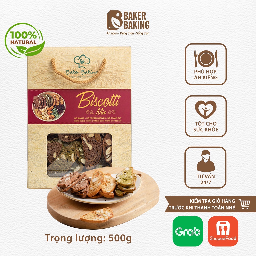 Bánh Biscotti Baker Baking nguyên cám mix không đường, không chất bảo quản dành cho người tiểu đường, ăn kiêng 100-500g