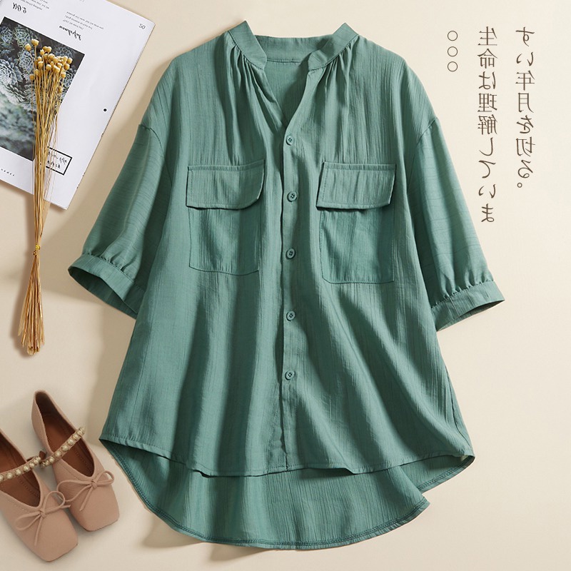 Ice cotton linen short-sleeved shirt thin pleated casual linen blouse cut label mall withdrawal
