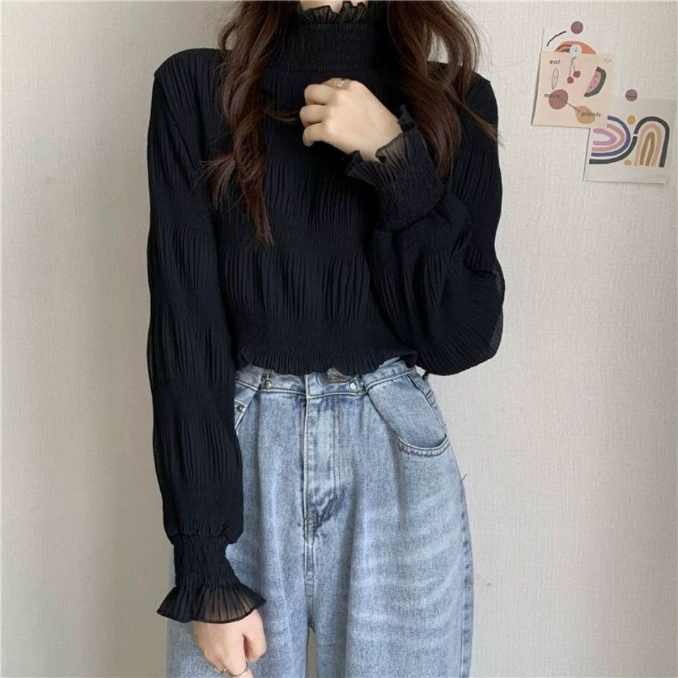 Áo Kiểu Hàn Quốc Cổ Lọ Phối Ren Hợp Thời Trang Cho Nữ