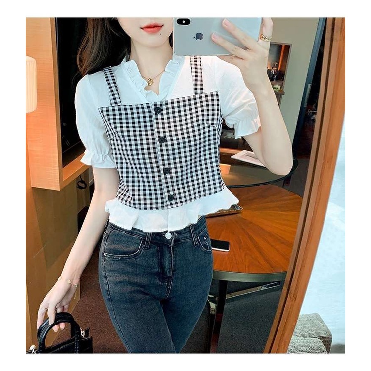 Áo Sơ Mi Ngắn Tay Cổ Chữ V Hoa Văn Kẻ Ô Thời Trang Mùa Hè Dành Cho Nữ