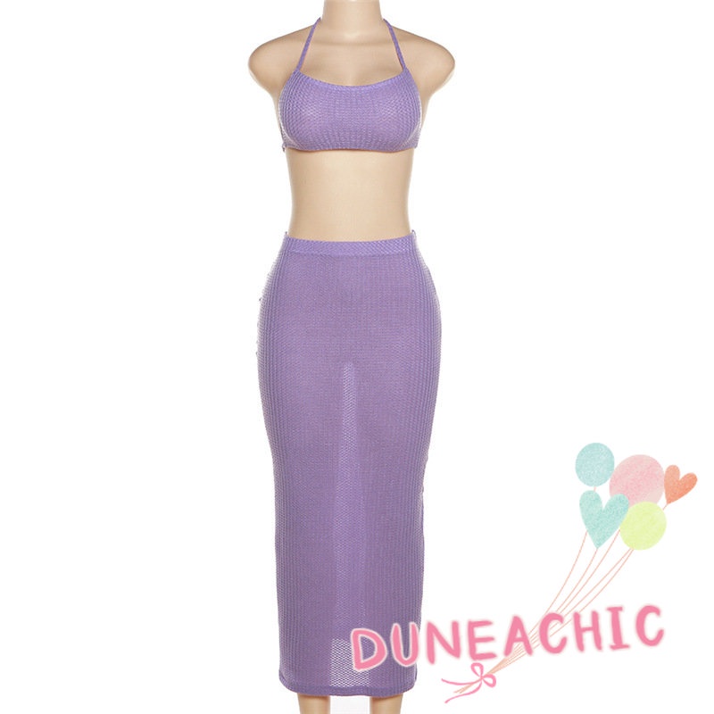 DUNEA Set đồ gồm áo tank top dệt kim + chân váy màu trơn thiết kế ôm sát tôn dáng
