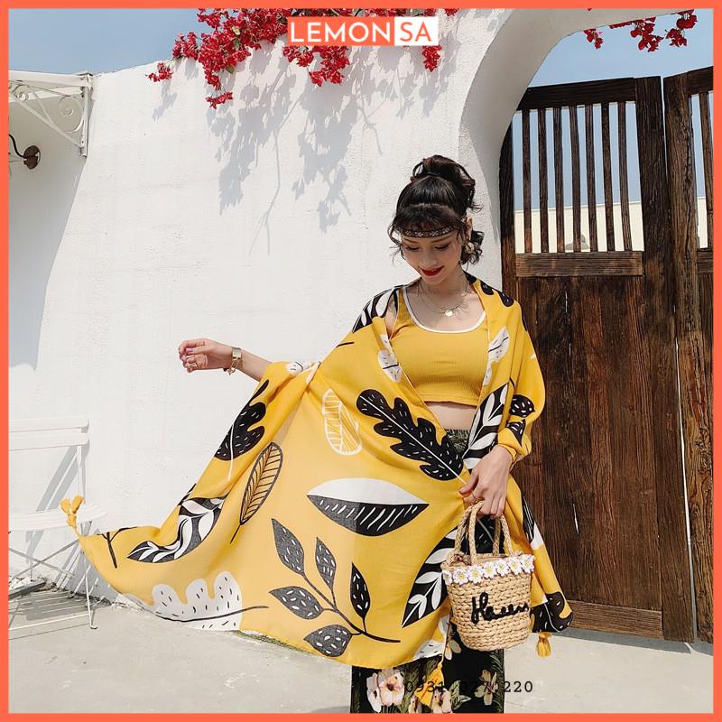 Khăn choàng vintage màu vàng họa tiết lá size 180*90cm - Mã LN044
