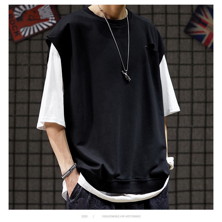 Áo Thun Giả Hai Lớp Tay Ngắn Dáng Rộng Thời Trang Phong Cách Hàn Quốc Cho Cặp Đôi