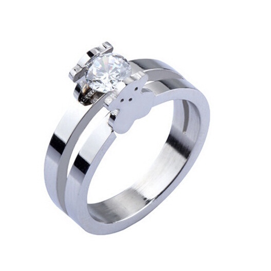 Cincin Stainless Steel 2 Sisi Motif Beruang Aksen Berlian Imitasi untuk Wanita