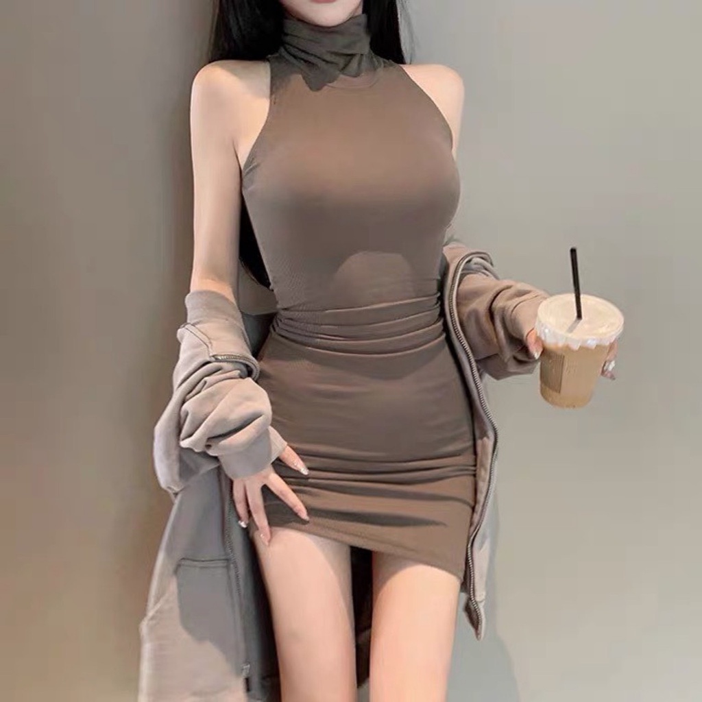 Đầm body ba lỗ cổ lọ form ôm siêu tôn dáng phong cách Hàn Quốc | BigBuy360 - bigbuy360.vn