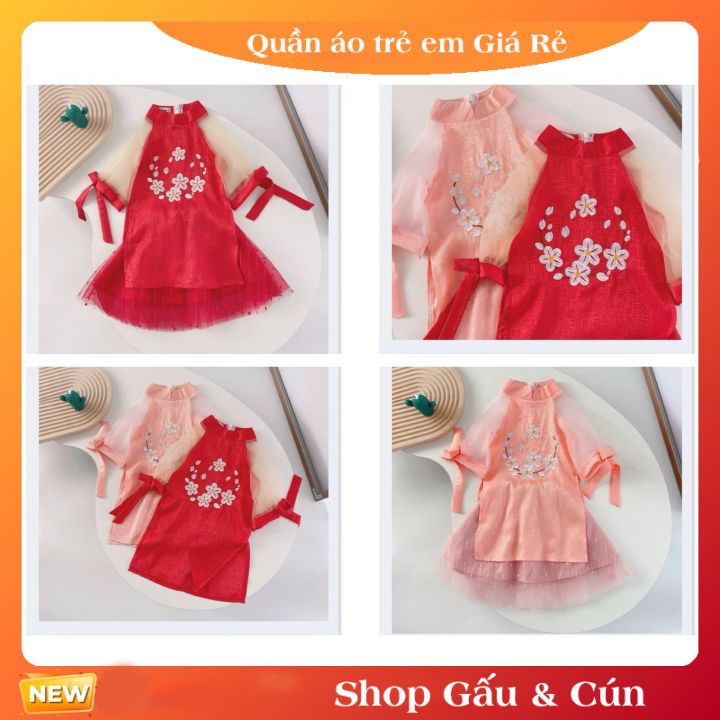 Áo dài cách tân cho bé gái tay voan lỡ thêu hoa 2 màu đỏ và hồng 9-16kg