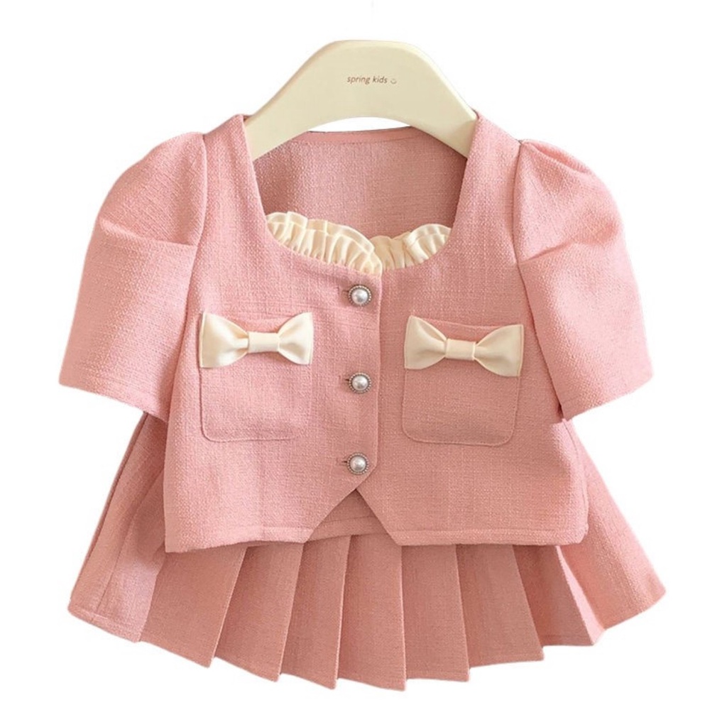 Sét váy dạ mềm bèo cổ thắt nơ ốp ngực và phần chân váy xếp ly liền quần 15-30kg