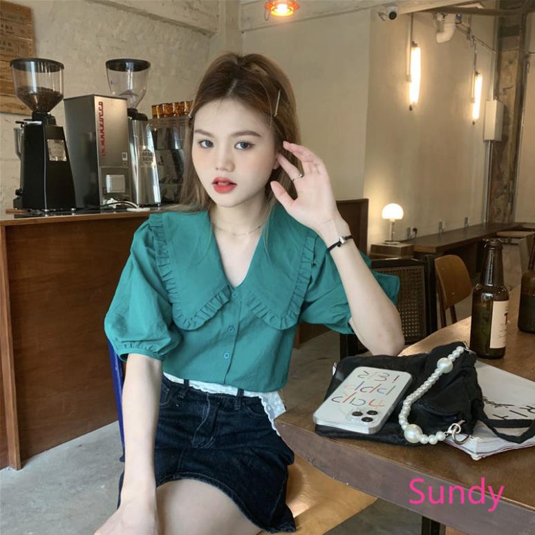 Áo sơ mi tay phồng cổ dún bèo dáng rộng thời trang mùa hè Hàn Quốc đáng yêu cho nữ *