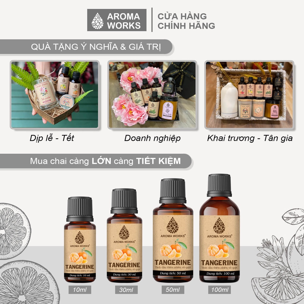 Tinh Dầu Quýt Aroma Works Thiên Nhiên Thơm Phòng, Khử Mùi, Giải Cảm, Đuổi Muỗi, Côn Trùng, Tăng Năng Lượng - Tangerine