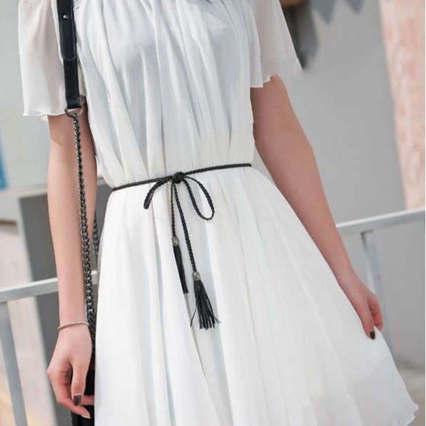 Dây thắt lưng chun co giãn chuông nhỏ gắn tua rua, đai váy cổ trang thắt nơ