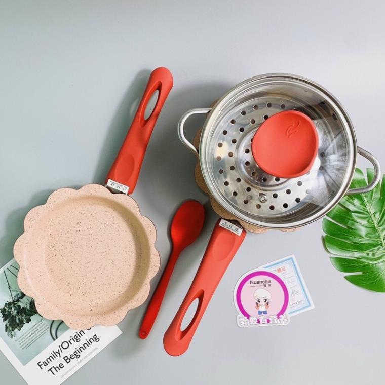 Bộ nồi chảo men đá chống dính nấu ăn dặm cho bé ( chảo, nồi, xửng hấp, thới) | Size 16cm