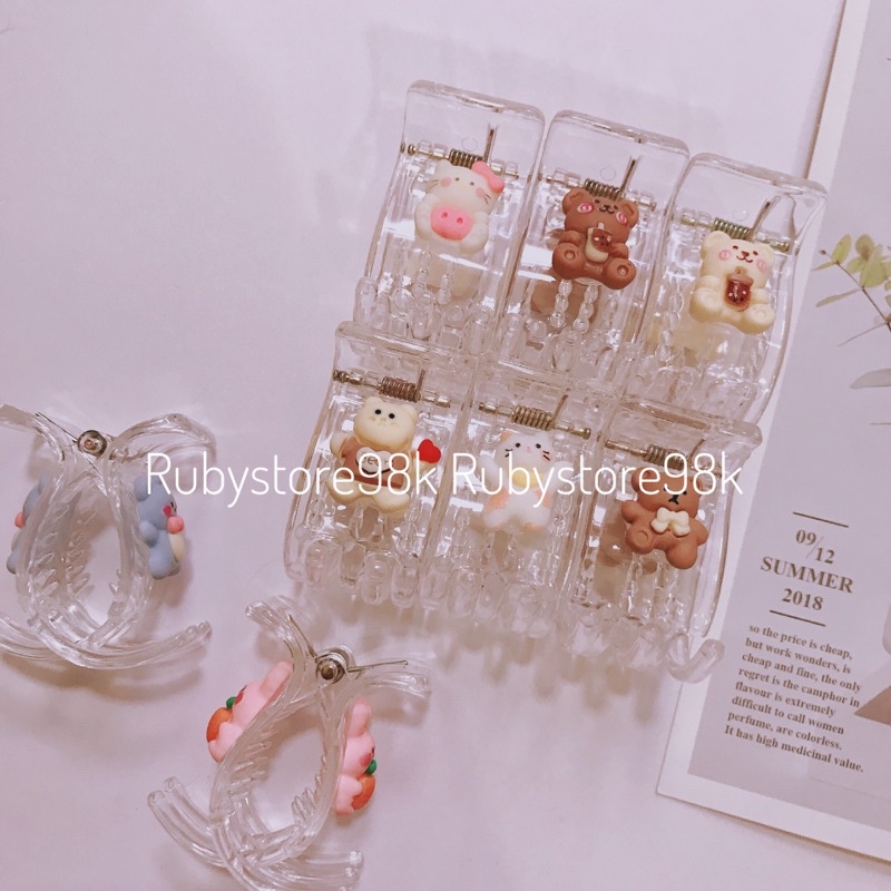 Kẹp tóc càng cua  tone nâu vintage, hoạ tiết gấu xinh xắn