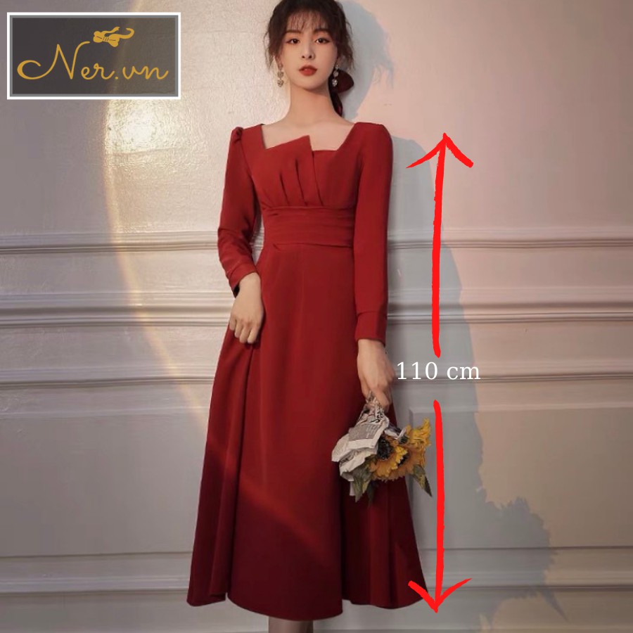 Đầm Dự Tiệc tay dài, cổ nhấn XẾP LY vạt vải cao,phong cách quý cô Sang Trọng,xinh xắn màu Đỏ, Trắng, Thương hiệu NER-N51