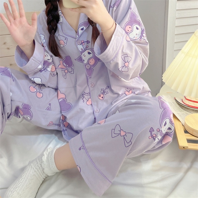 Set đồ ngủ pyjama dài hoạ tiết kuromi tím pastel hàn quốc
