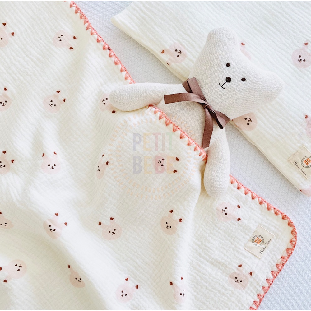 Chăn đa năng viền thủ công cho bé PETIT BEBE muslin thấm hút thoáng khí họa tiết động vật