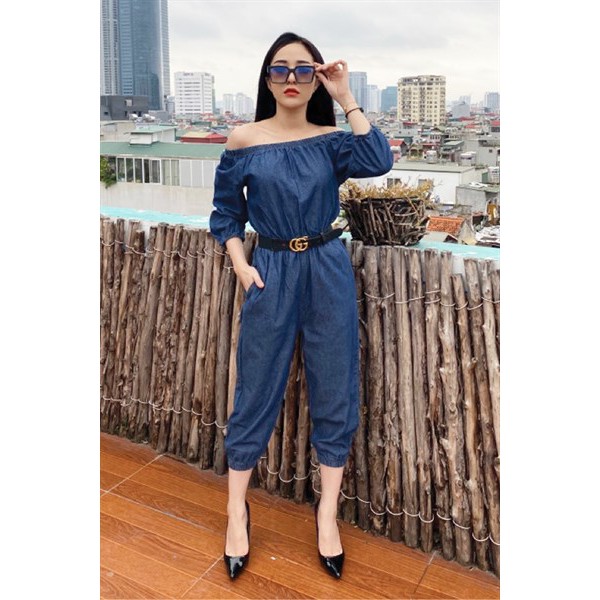 Jumpsuit trễ vai tay lửng bo gấu quần, tay thương hiệu ZENDA hàng vnxk