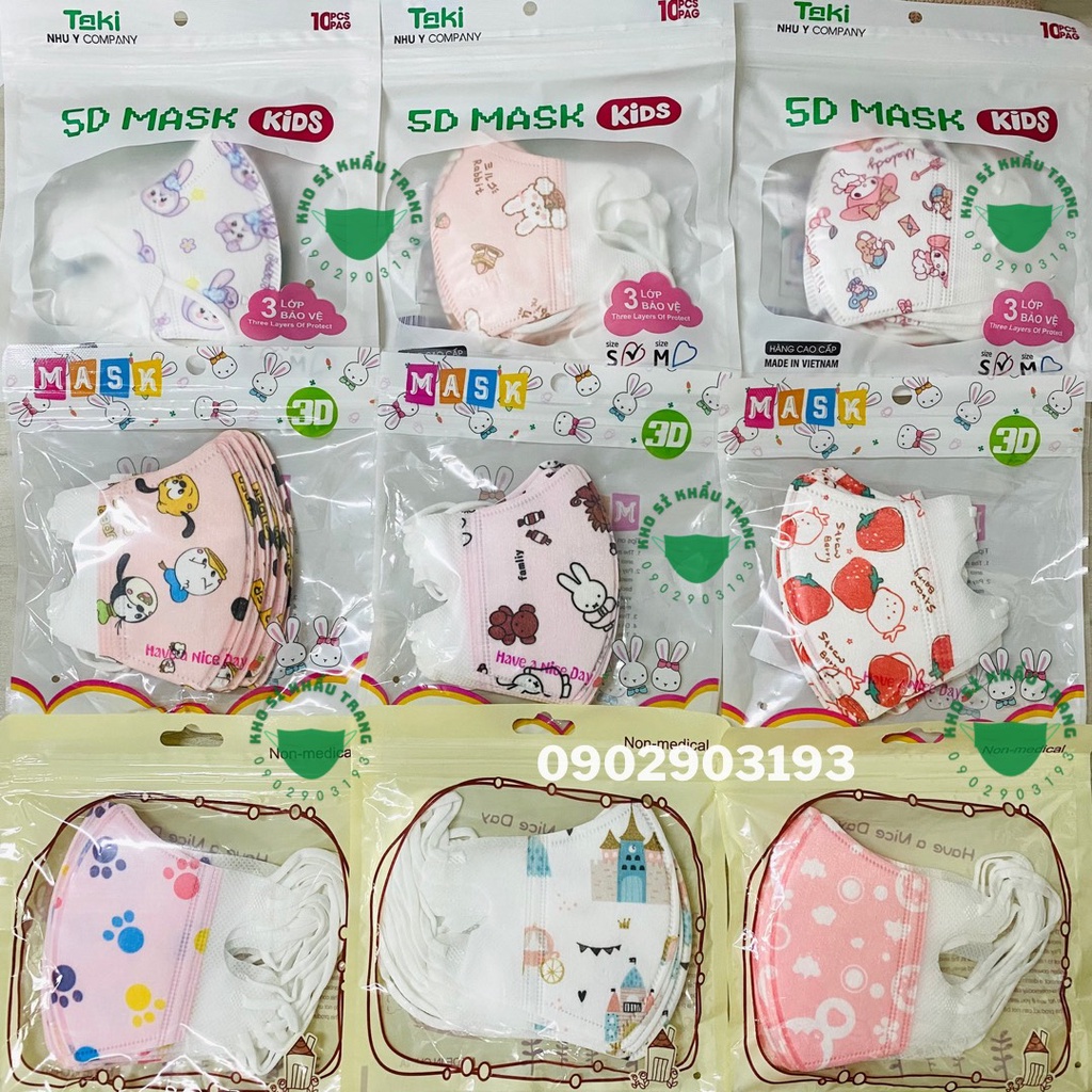 Khẩu trang 5D cho bé 0-2 tuổi hàng nội địa Trung nhiều hình cute túi 10 cái