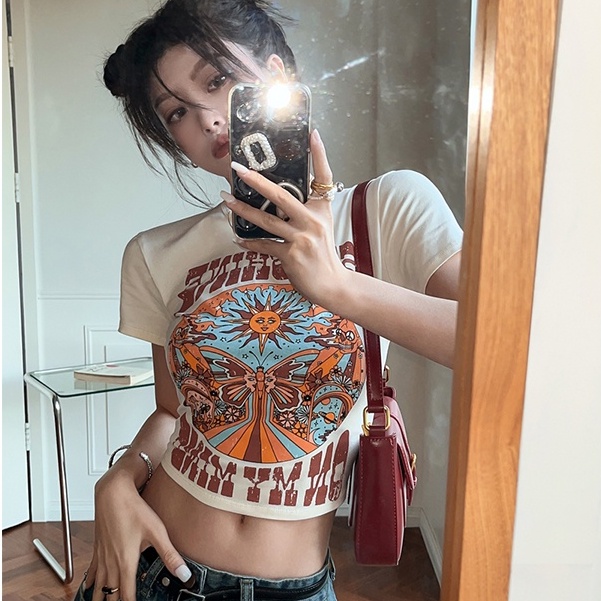 Áo thun croptop SUXI tay ngắn ôm dáng in họa tiết phong cách cổ điển thời trang mùa hè
